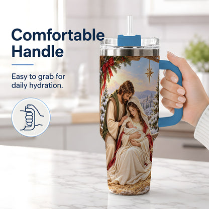 #pl[40oz|Blue] Nativity Scene Handled Tumbler, 40oz Holy Family Christmas Design