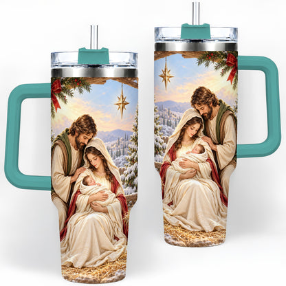 #pl[40oz|Green] Nativity Scene Handled Tumbler, 40oz Holy Family Christmas Design