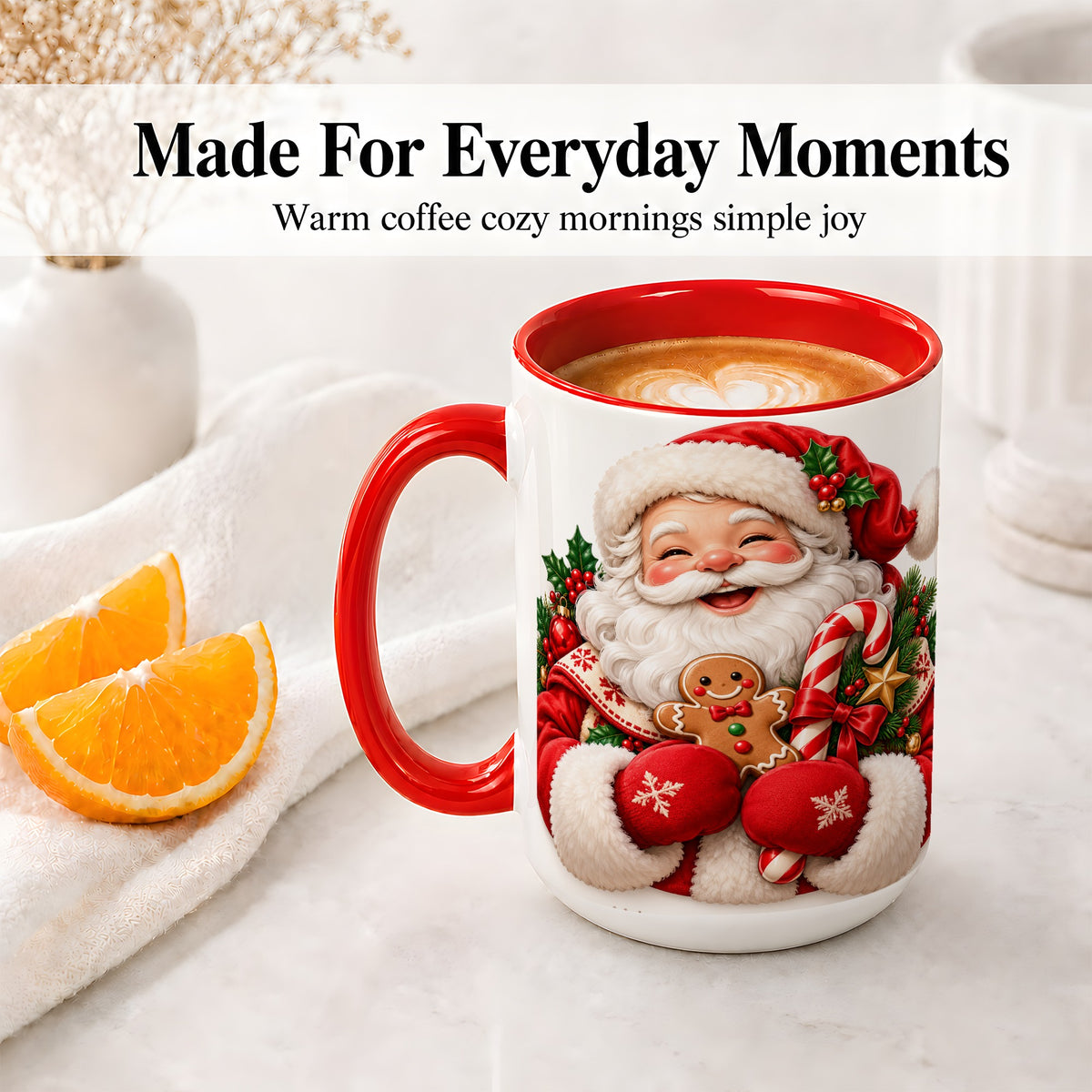 #pl[15oz|Red] Jolly Santa Claus Accent Mug, Ceramic Cup with Christmas Artwork