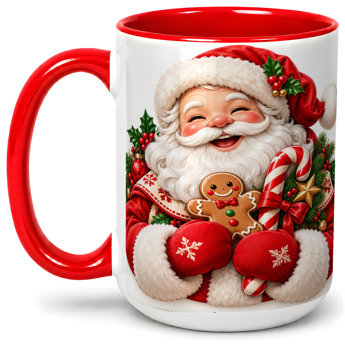 #pl[15oz|Red] Jolly Santa Claus Accent Mug, Ceramic Cup with Christmas Artwork