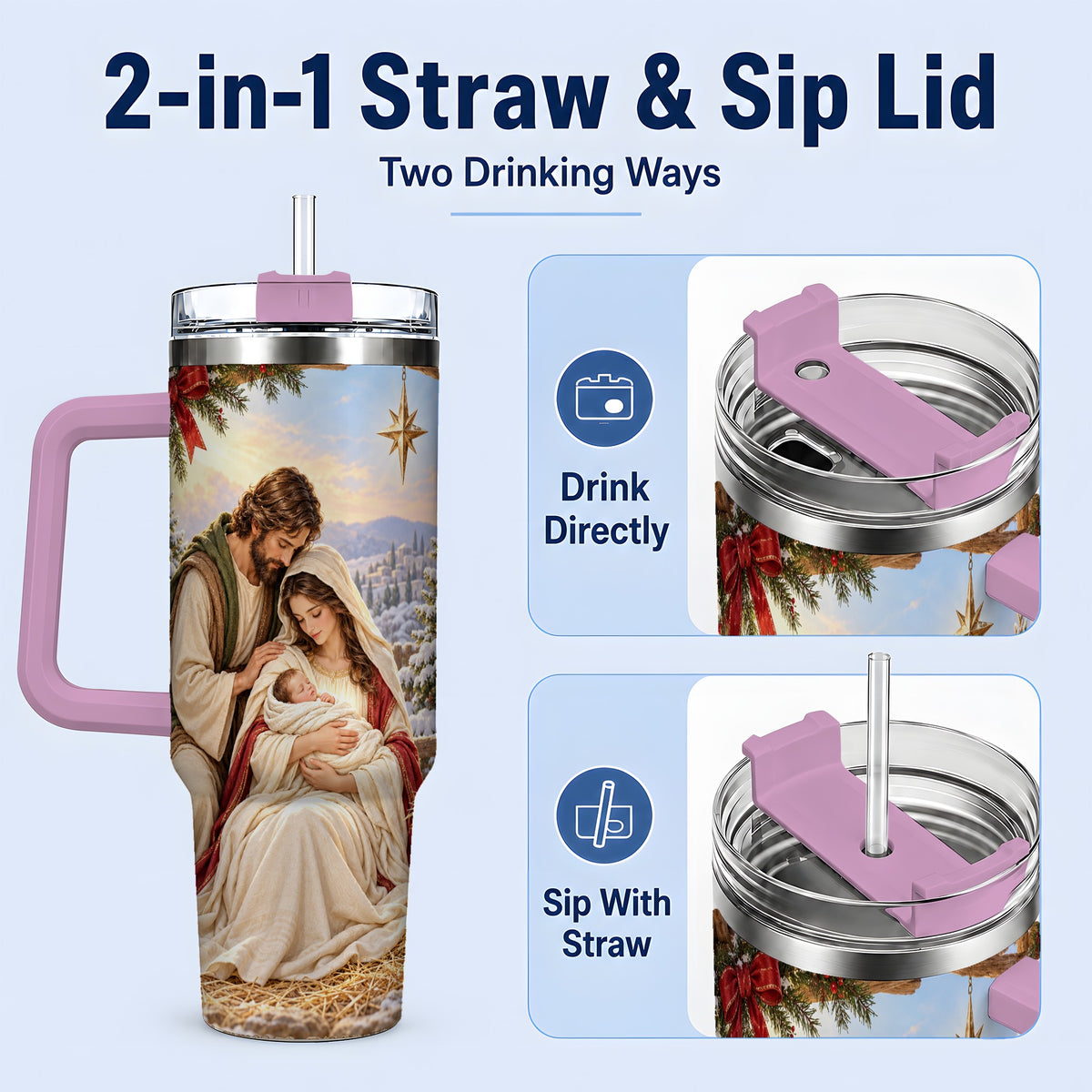 #pl[40oz|Pink] Nativity Scene Handled Tumbler, 40oz Holy Family Christmas Design