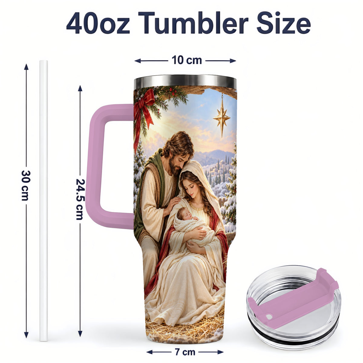 #pl[40oz|Pink] Nativity Scene Handled Tumbler, 40oz Holy Family Christmas Design