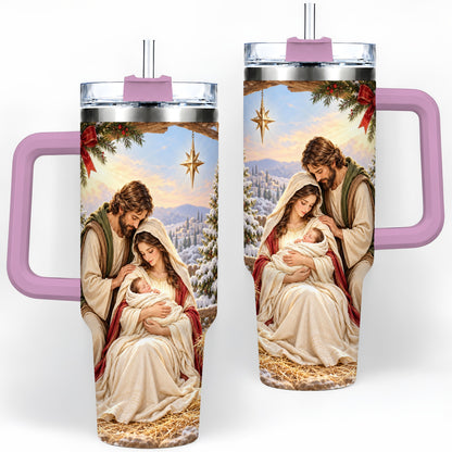 #pl[40oz|Pink] Nativity Scene Handled Tumbler, 40oz Holy Family Christmas Design
