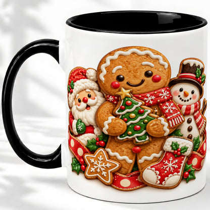 #pl[11oz|Black] Gingerbread Christmas Accent Mug, Ceramic Cup with Holiday Art