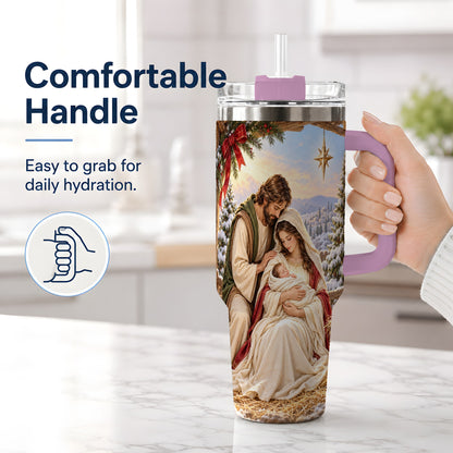 #pl[40oz|Pink] Nativity Scene Handled Tumbler, 40oz Holy Family Christmas Design