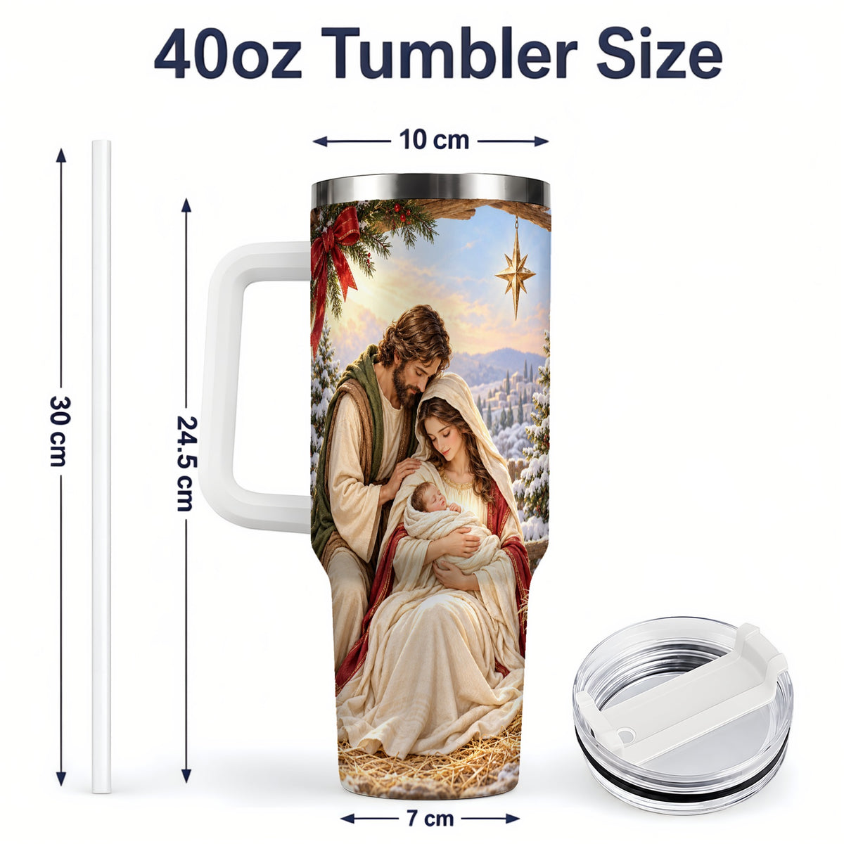 #pl[40oz|White] Nativity Scene Handled Tumbler, 40oz Holy Family Christmas Design