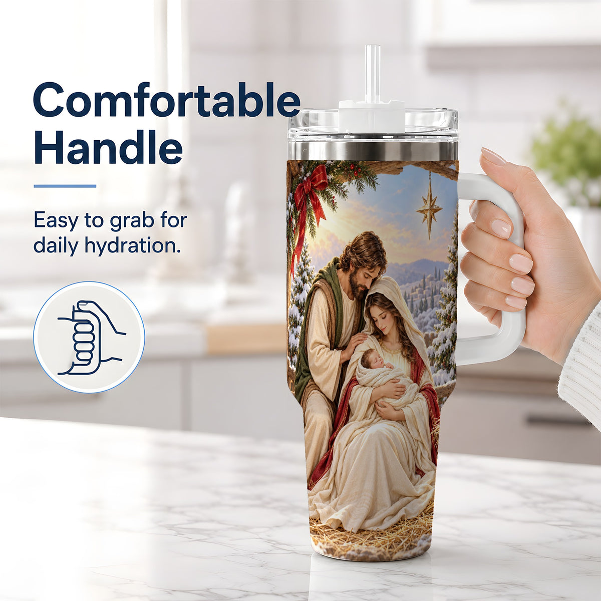 #pl[40oz|White] Nativity Scene Handled Tumbler, 40oz Holy Family Christmas Design