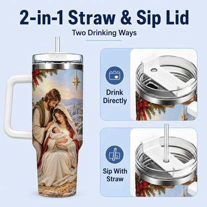 #pl[40oz|White] Nativity Scene Handled Tumbler, 40oz Holy Family Christmas Design