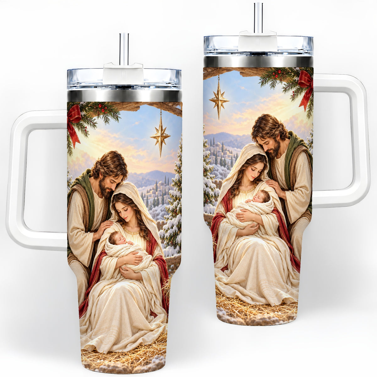 Nativity Scene Handled Tumbler, 40oz Holy Family Christmas Design