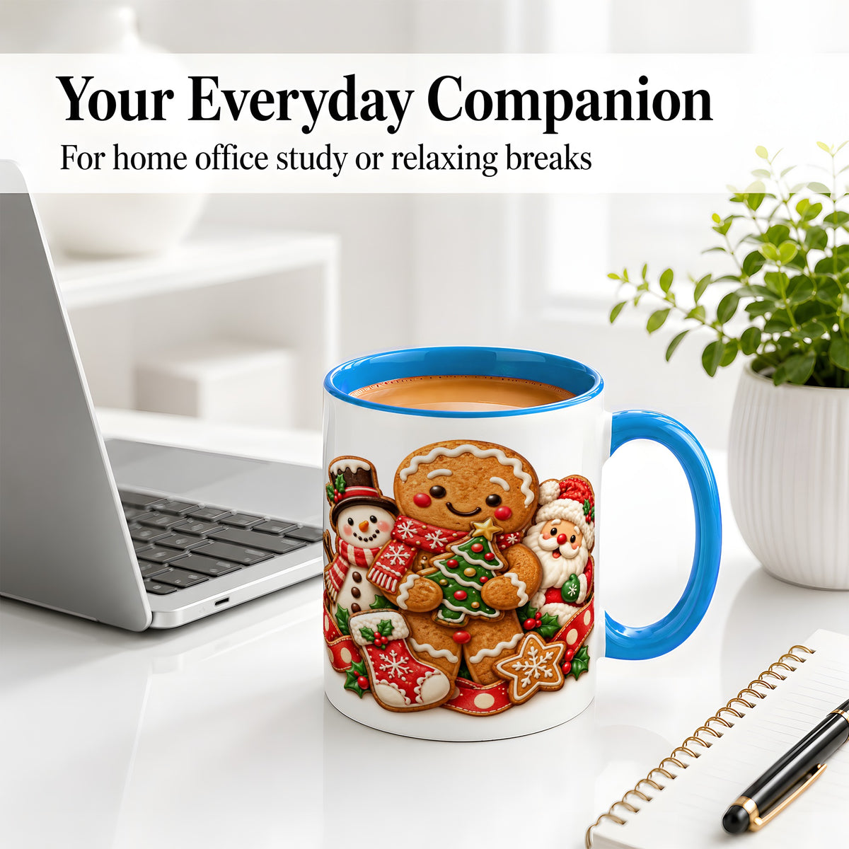 #pl[11oz|Blue] Gingerbread Christmas Accent Mug, Ceramic Cup with Holiday Art