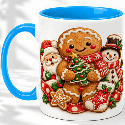 #pl[11oz|Blue] Gingerbread Christmas Accent Mug, Ceramic Cup with Holiday Art