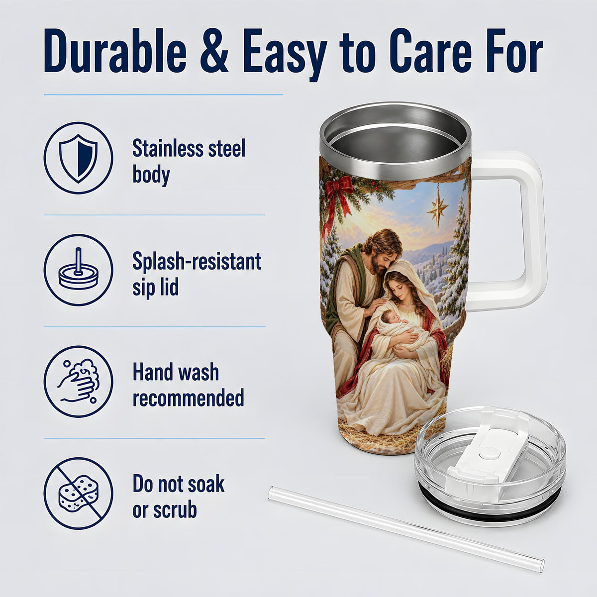 Nativity Scene Handled Tumbler, 40oz Holy Family Christmas Design