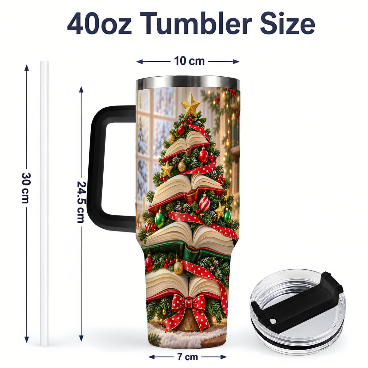 #pl[40oz|Black] Christmas Book Tree Handled Tumbler, 40oz Holiday Reading Design
