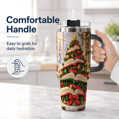 #pl[40oz|Black] Christmas Book Tree Handled Tumbler, 40oz Holiday Reading Design