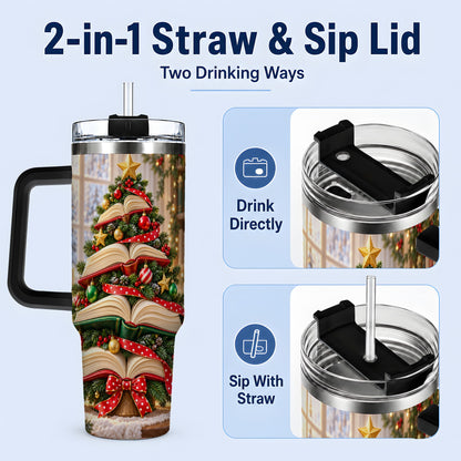 #pl[40oz|Black] Christmas Book Tree Handled Tumbler, 40oz Holiday Reading Design