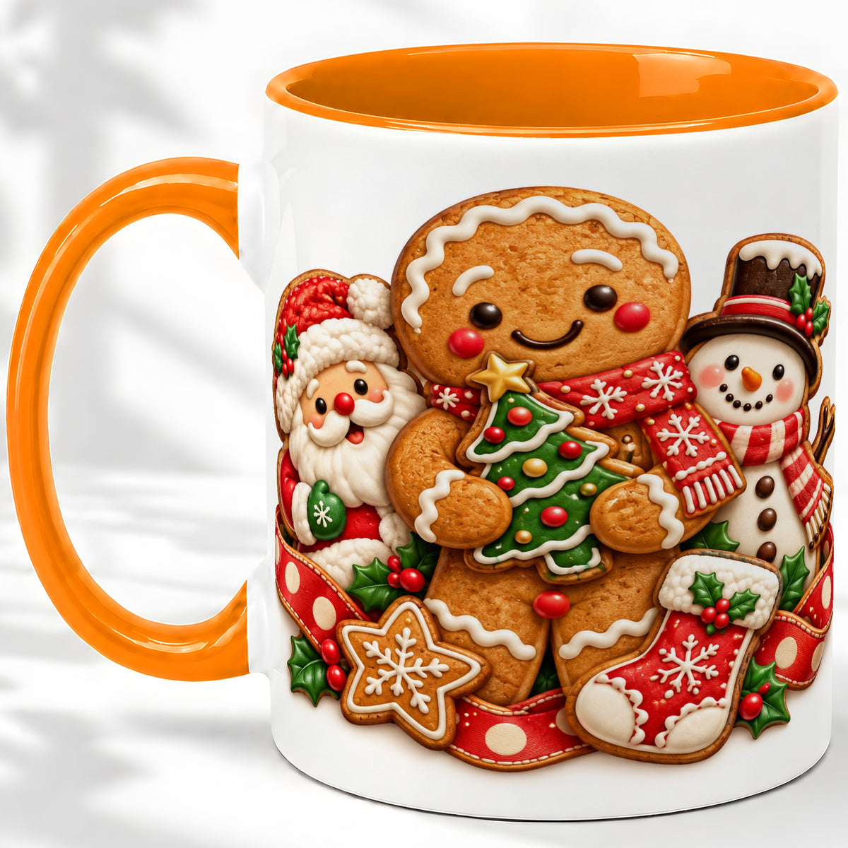 #pl[11oz|Orange] Gingerbread Christmas Accent Mug, Ceramic Cup with Holiday Art