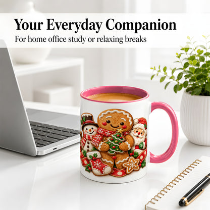 #pl[11oz|Pink] Gingerbread Christmas Accent Mug, Ceramic Cup with Holiday Art