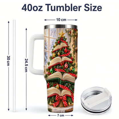 #pl[40oz|White] Christmas Book Tree Handled Tumbler, 40oz Holiday Reading Design