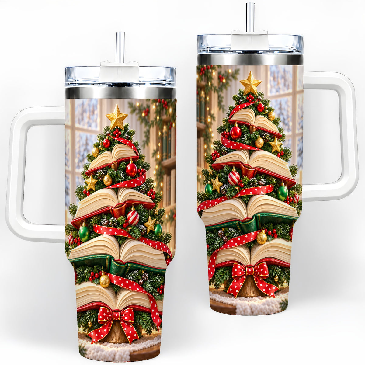 Christmas Book Tree Handled Tumbler, 40oz Holiday Reading Design
