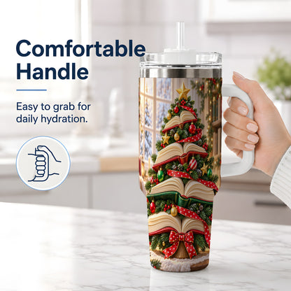 #pl[40oz|White] Christmas Book Tree Handled Tumbler, 40oz Holiday Reading Design