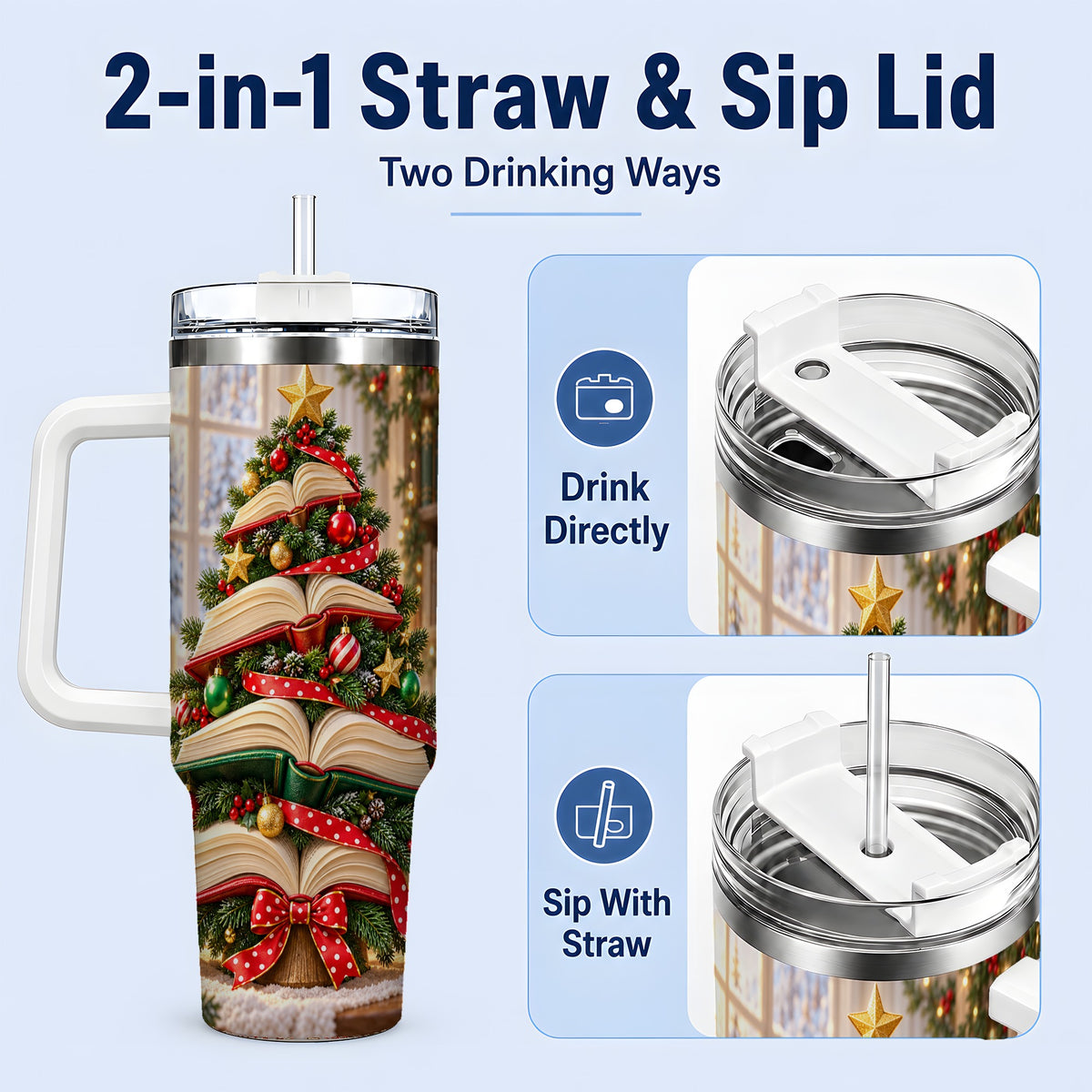 #pl[40oz|White] Christmas Book Tree Handled Tumbler, 40oz Holiday Reading Design