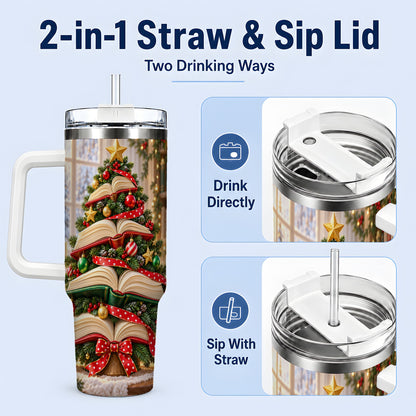 #pl[40oz|White] Christmas Book Tree Handled Tumbler, 40oz Holiday Reading Design