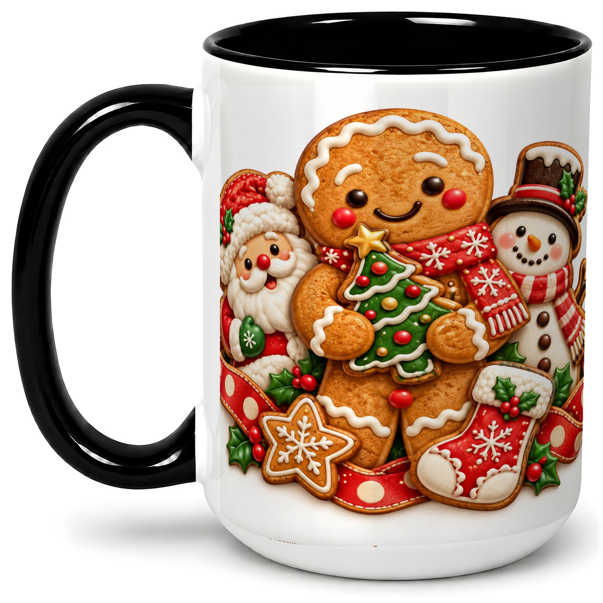 #pl[15oz|Black] Gingerbread Christmas Accent Mug, Ceramic Cup with Holiday Art