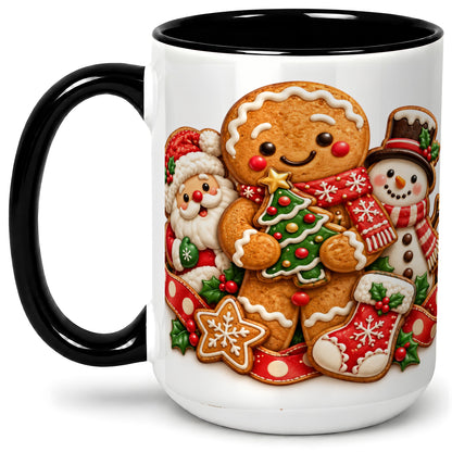 #pl[15oz|Black] Gingerbread Christmas Accent Mug, Ceramic Cup with Holiday Art