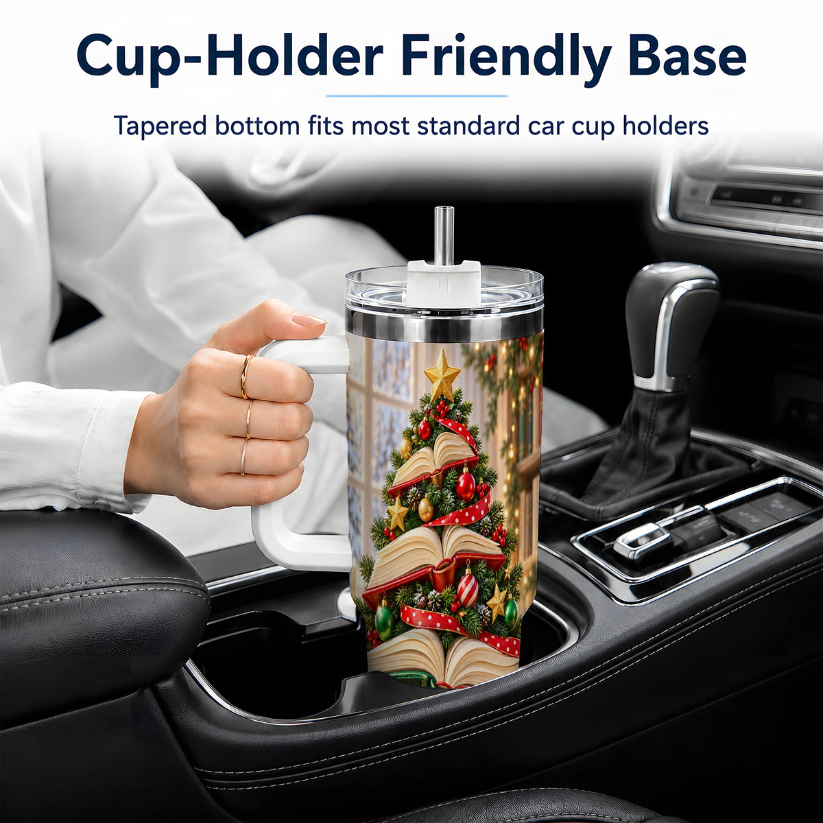 Christmas Book Tree Handled Tumbler, 40oz Holiday Reading Design