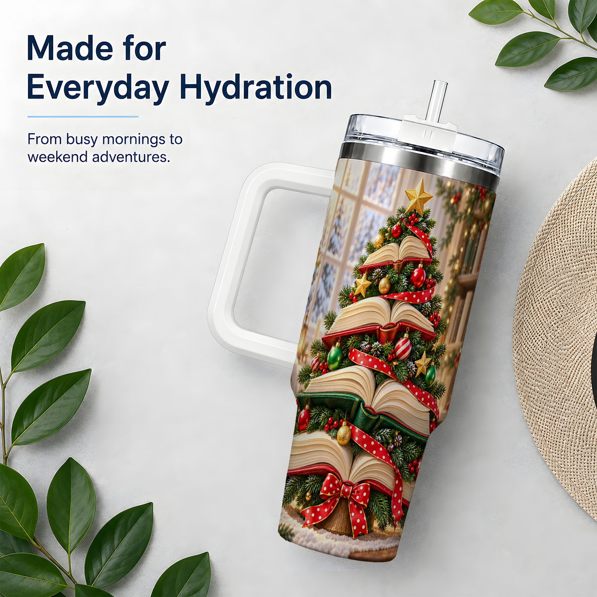 Christmas Book Tree Handled Tumbler, 40oz Holiday Reading Design
