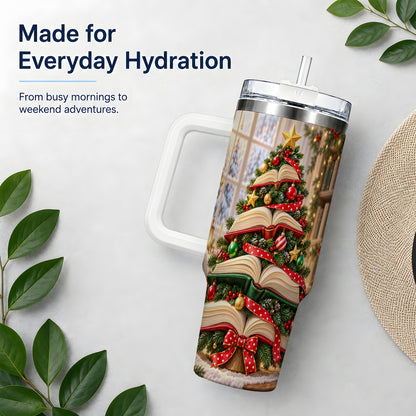 Christmas Book Tree Handled Tumbler, 40oz Holiday Reading Design