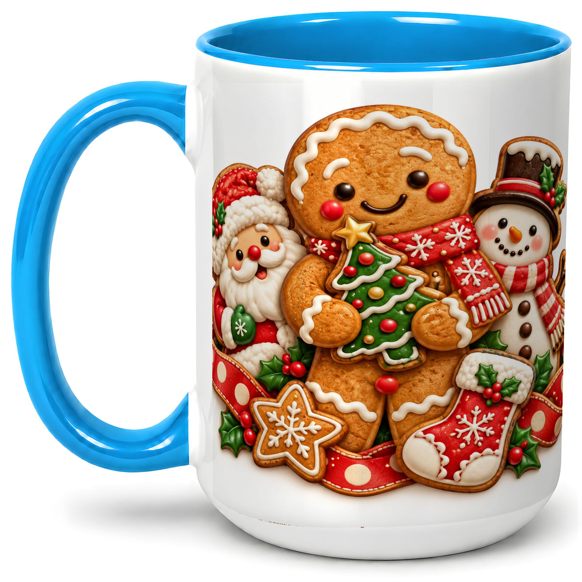 #pl[15oz|Blue] Gingerbread Christmas Accent Mug, Ceramic Cup with Holiday Art