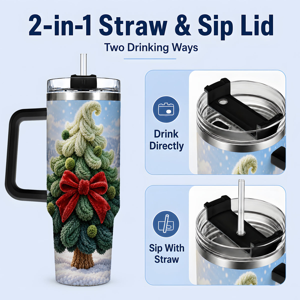 #pl[40oz|Black] Knitted Christmas Tree Handled Tumbler, 40oz Cozy Holiday Design