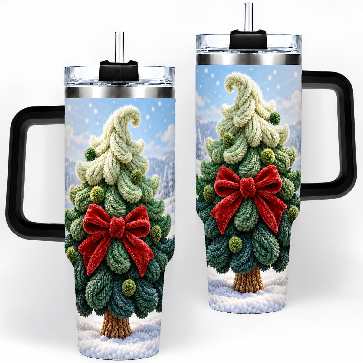 #pl[40oz|Black] Knitted Christmas Tree Handled Tumbler, 40oz Cozy Holiday Design