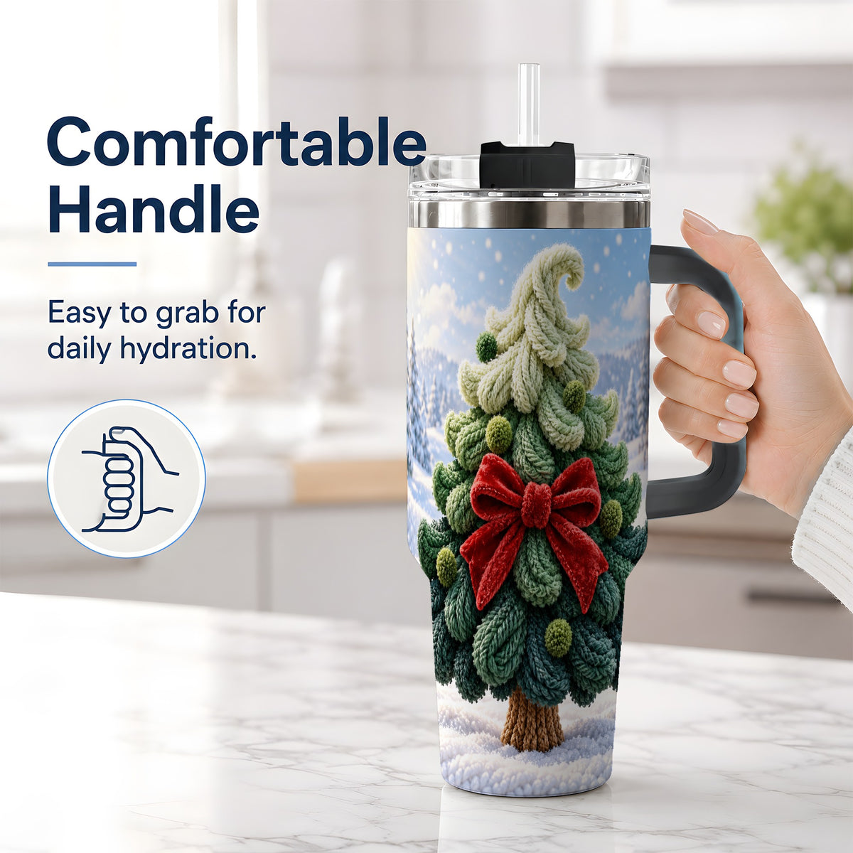 #pl[40oz|Black] Knitted Christmas Tree Handled Tumbler, 40oz Cozy Holiday Design