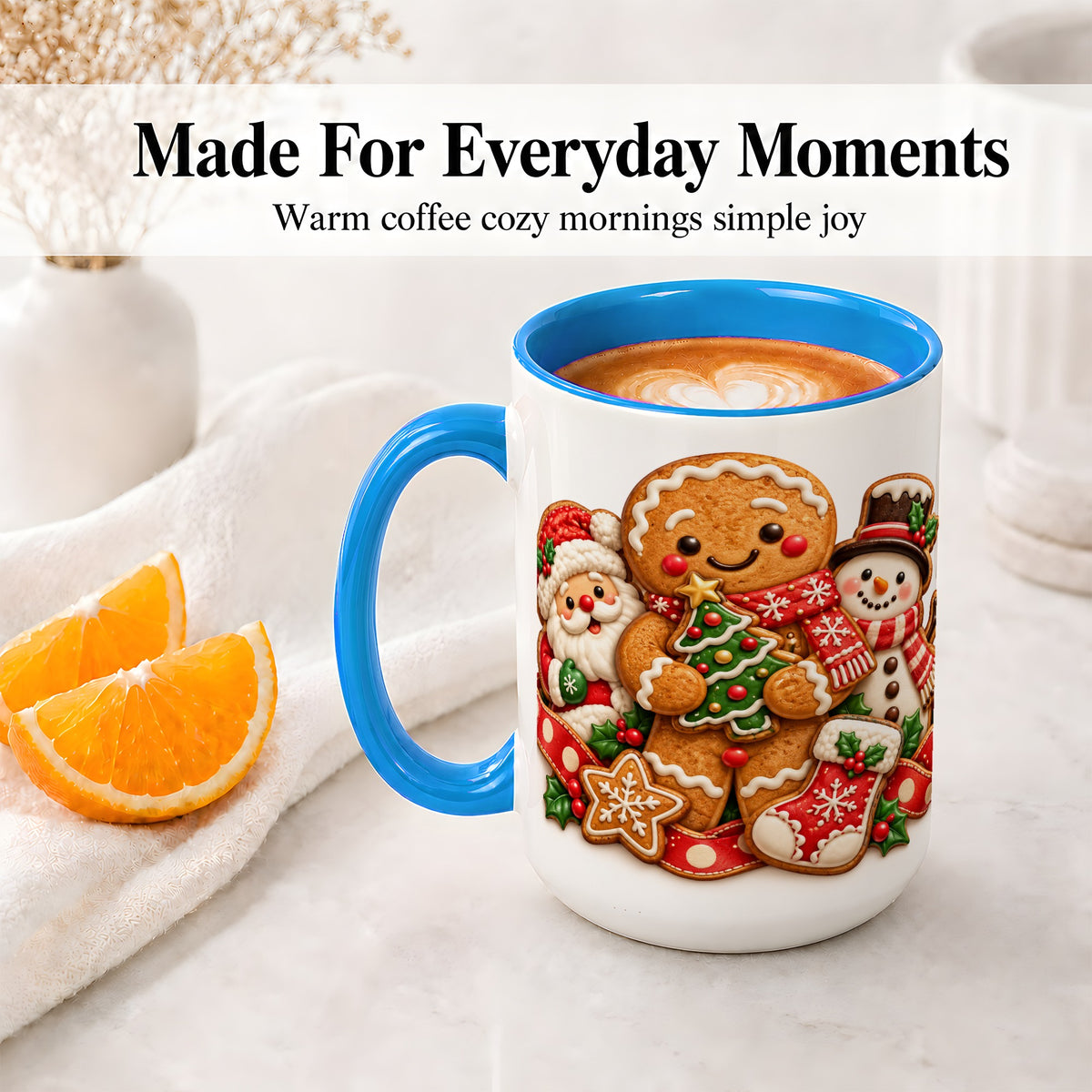 #pl[15oz|Blue] Gingerbread Christmas Accent Mug, Ceramic Cup with Holiday Art