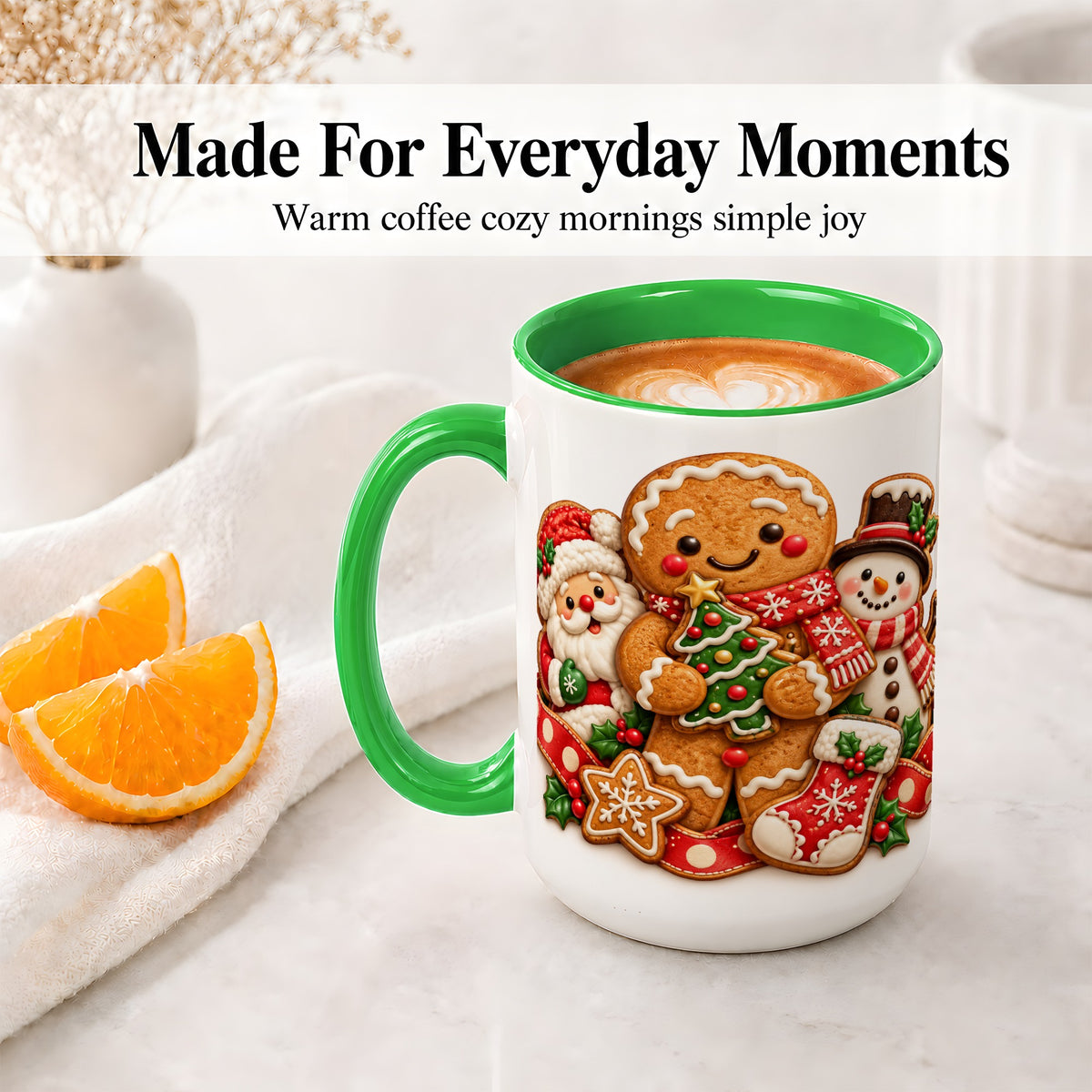 #pl[15oz|Green] Gingerbread Christmas Accent Mug, Ceramic Cup with Holiday Art