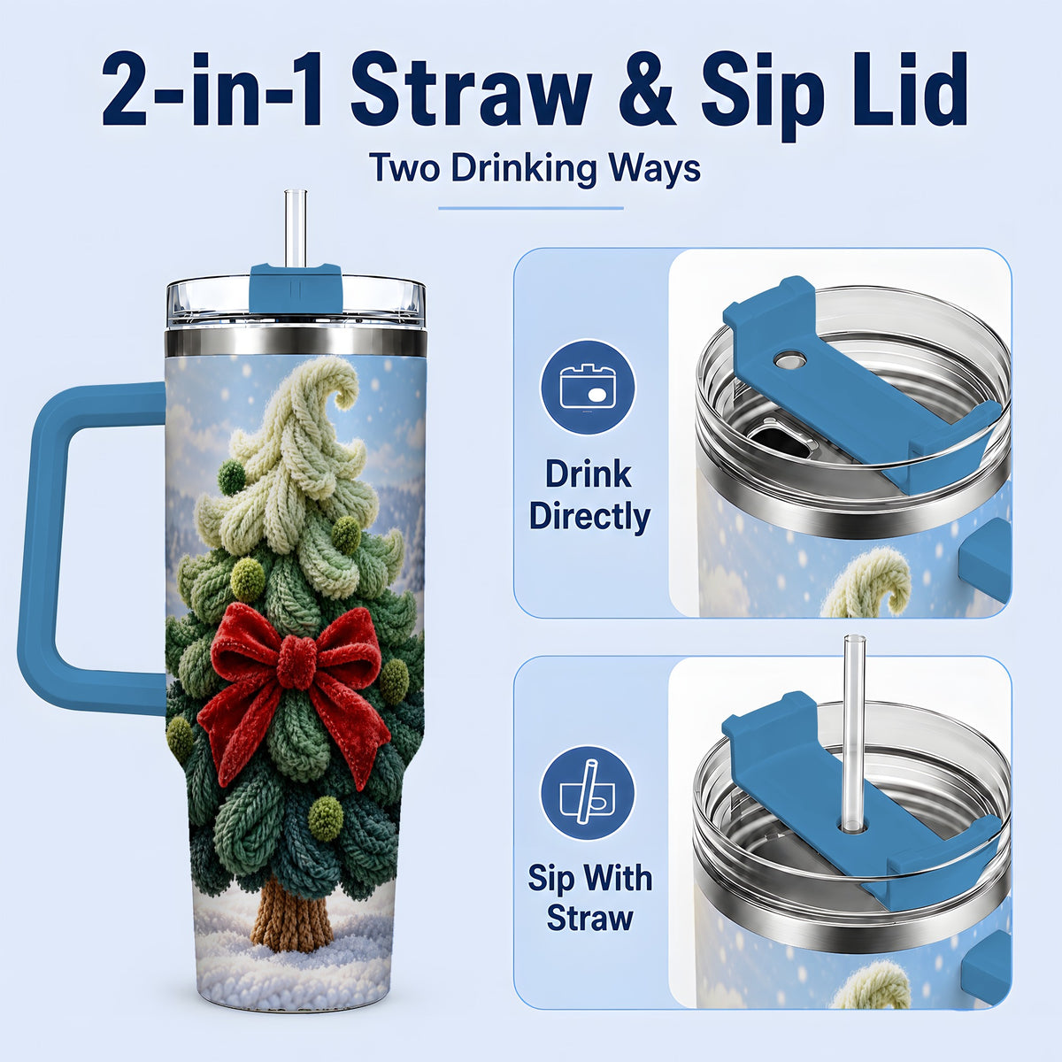 #pl[40oz|Blue] Knitted Christmas Tree Handled Tumbler, 40oz Cozy Holiday Design