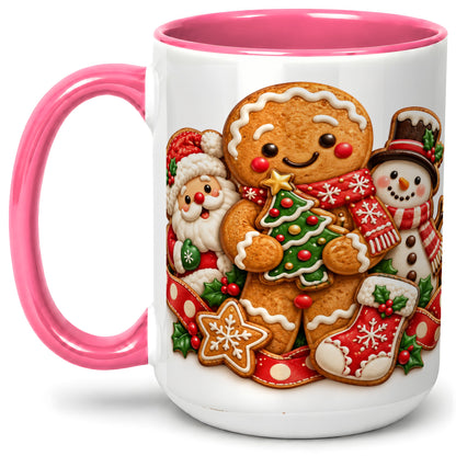 #pl[15oz|Pink] Gingerbread Christmas Accent Mug, Ceramic Cup with Holiday Art