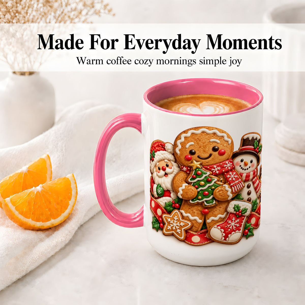 #pl[15oz|Pink] Gingerbread Christmas Accent Mug, Ceramic Cup with Holiday Art