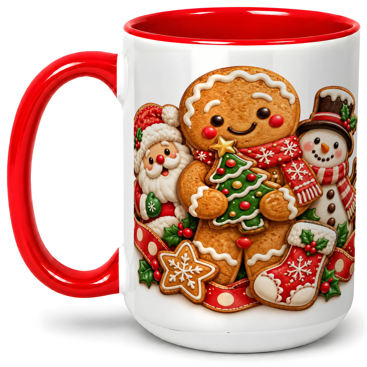 #pl[15oz|Red] Gingerbread Christmas Accent Mug, Ceramic Cup with Holiday Art