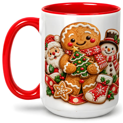 #pl[15oz|Red] Gingerbread Christmas Accent Mug, Ceramic Cup with Holiday Art