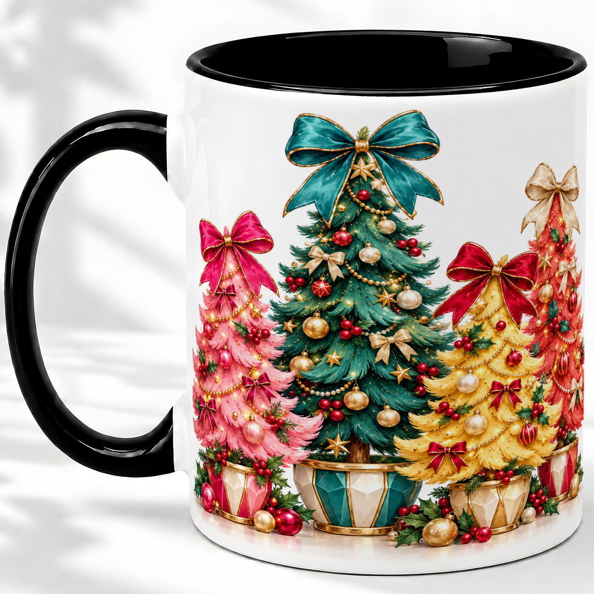 #pl[11oz|Black] Colorful Christmas Trees Accent Mug, Ceramic Cup with Bow Artwork