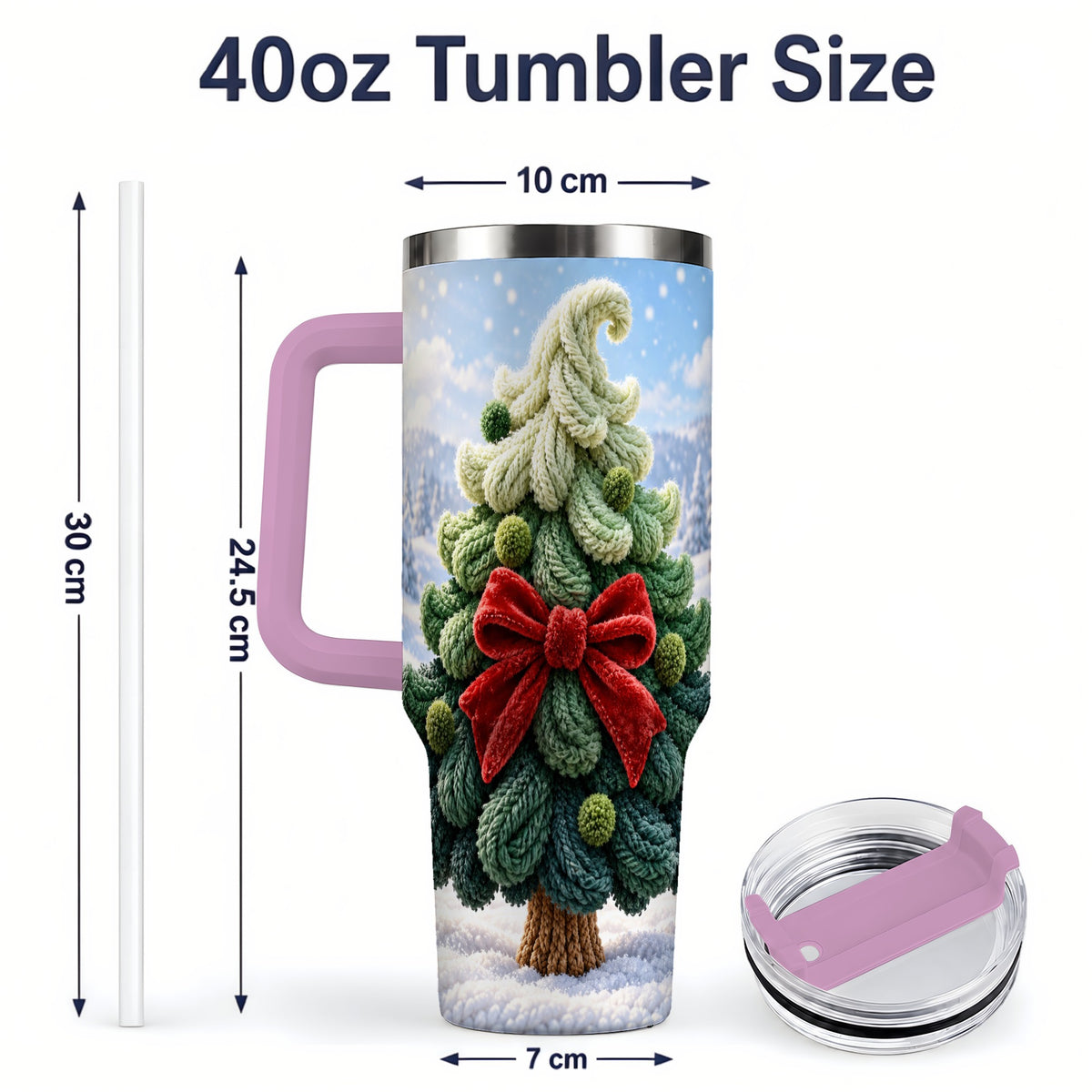 #pl[40oz|Pink] Knitted Christmas Tree Handled Tumbler, 40oz Cozy Holiday Design