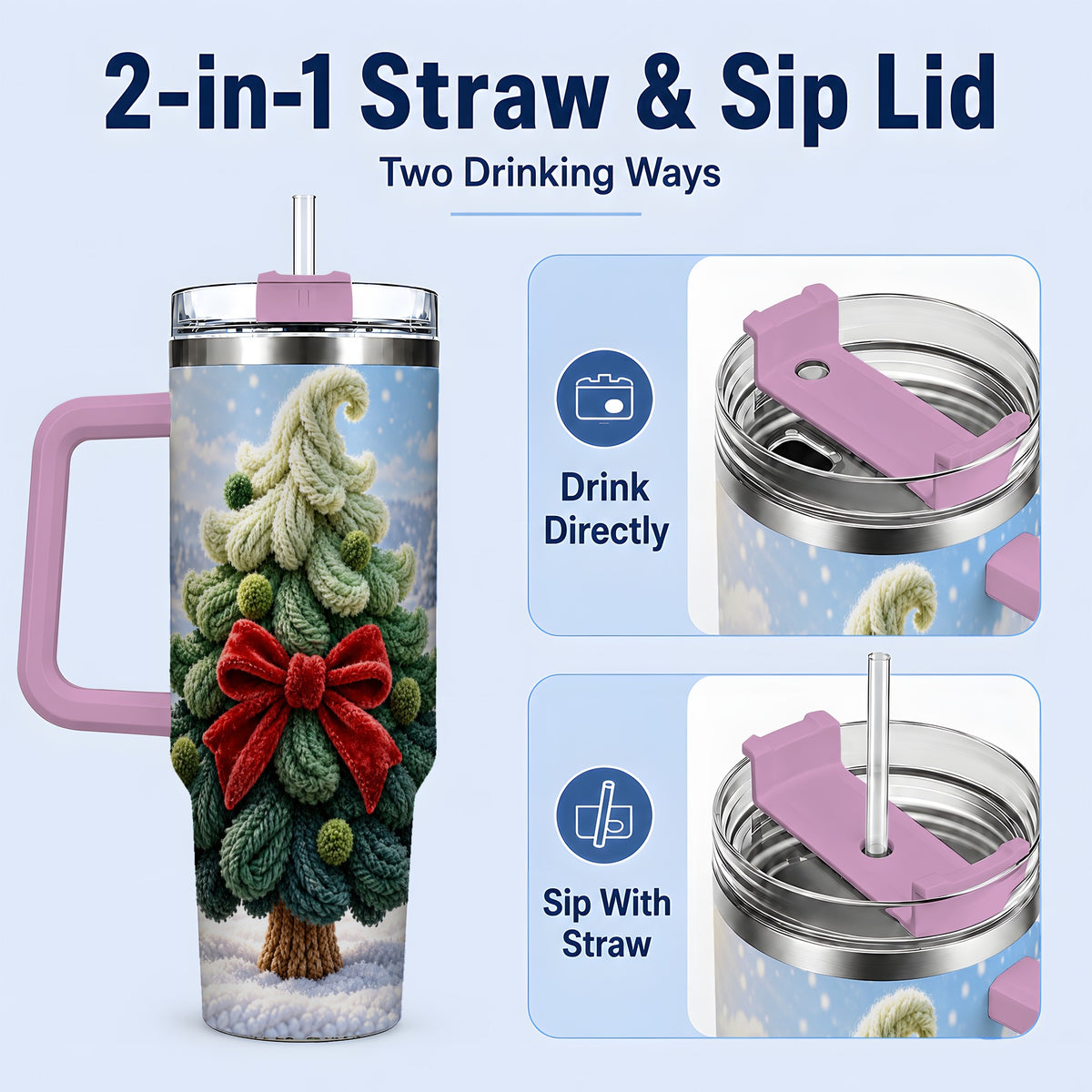 #pl[40oz|Pink] Knitted Christmas Tree Handled Tumbler, 40oz Cozy Holiday Design