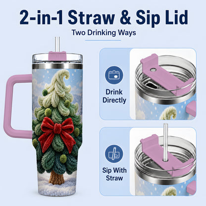 #pl[40oz|Pink] Knitted Christmas Tree Handled Tumbler, 40oz Cozy Holiday Design