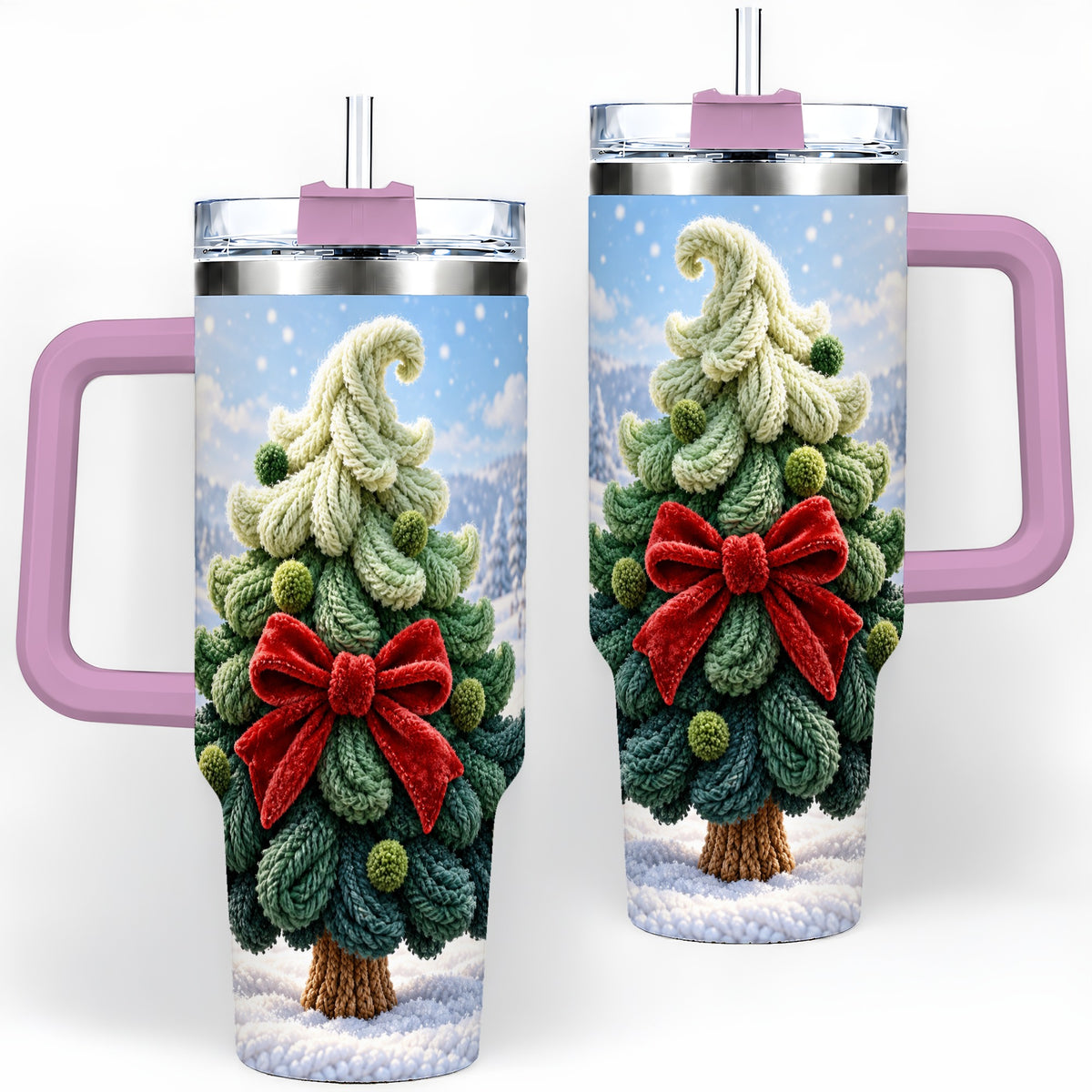 #pl[40oz|Pink] Knitted Christmas Tree Handled Tumbler, 40oz Cozy Holiday Design