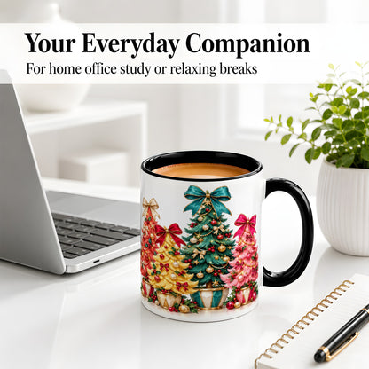 #pl[11oz|Black] Colorful Christmas Trees Accent Mug, Ceramic Cup with Bow Artwork