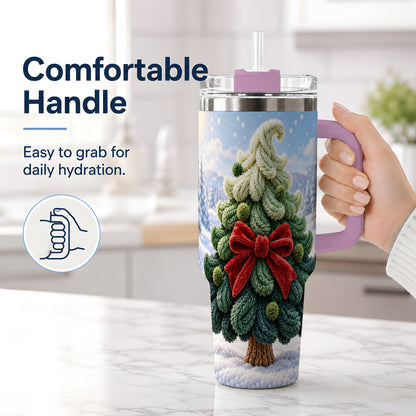 #pl[40oz|Pink] Knitted Christmas Tree Handled Tumbler, 40oz Cozy Holiday Design