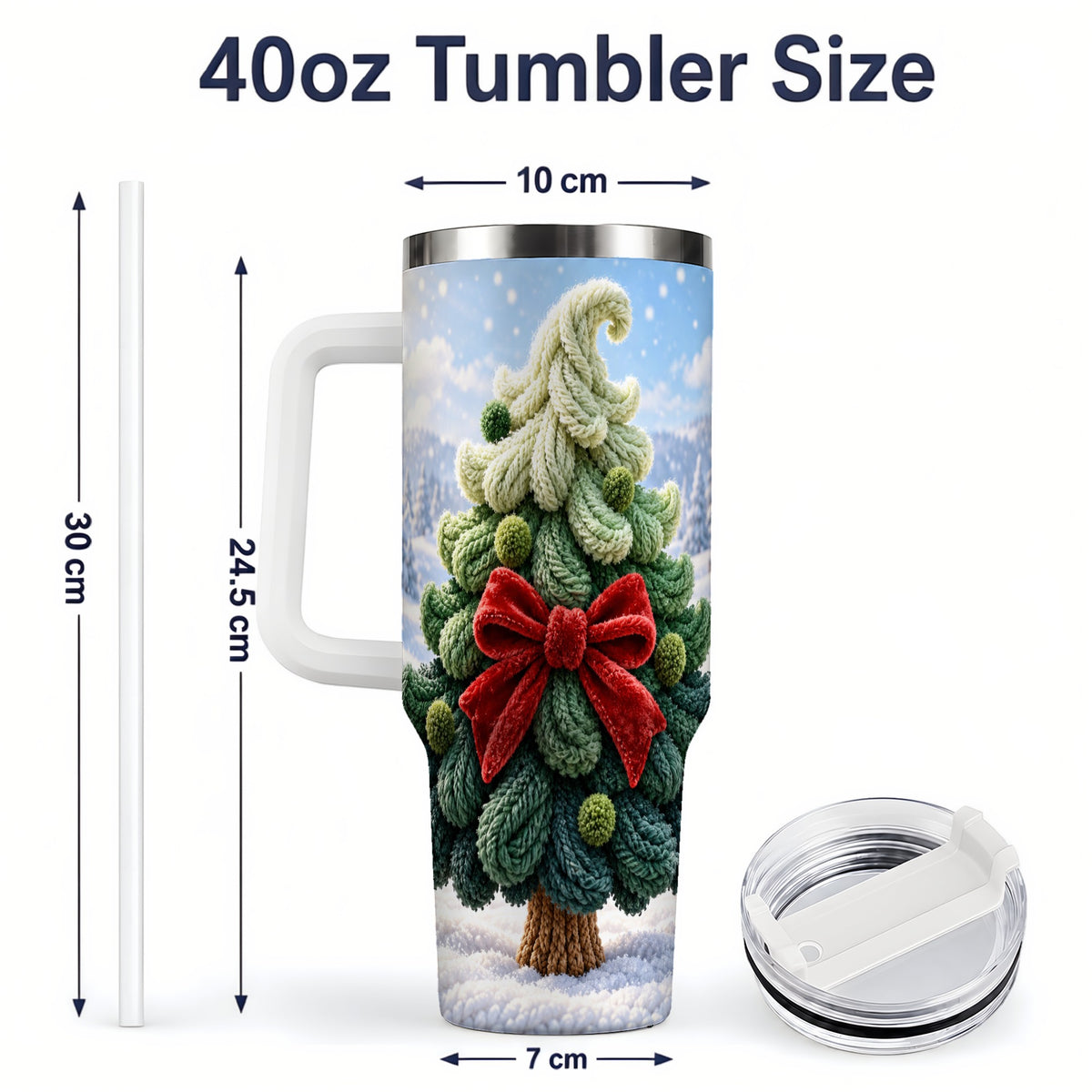 #pl[40oz|White] Knitted Christmas Tree Handled Tumbler, 40oz Cozy Holiday Design
